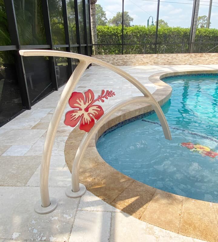 White Ivory Artistic Pool Rail with Lolipop Red Flower Close up